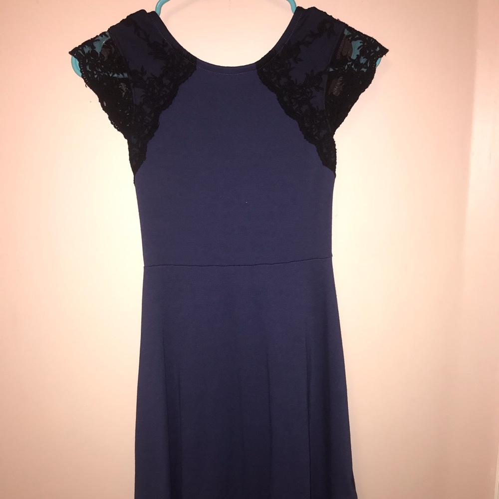 Blue and black lace sleeved dress